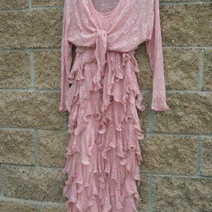 Vintage Eighties Pink Stretch Ruffled Gown with Matching Self Tie Coverup Size S